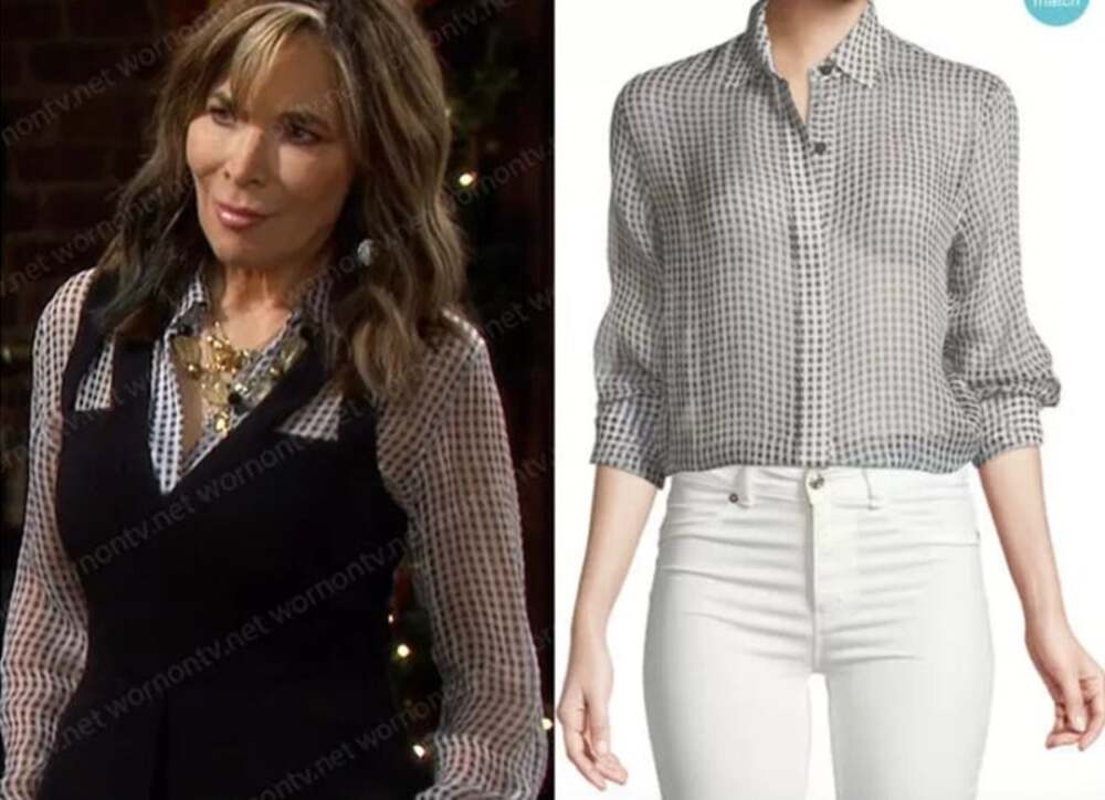 THEORY Top Size S Gingham Essential Silk Button Down Sheer Blouse Black White